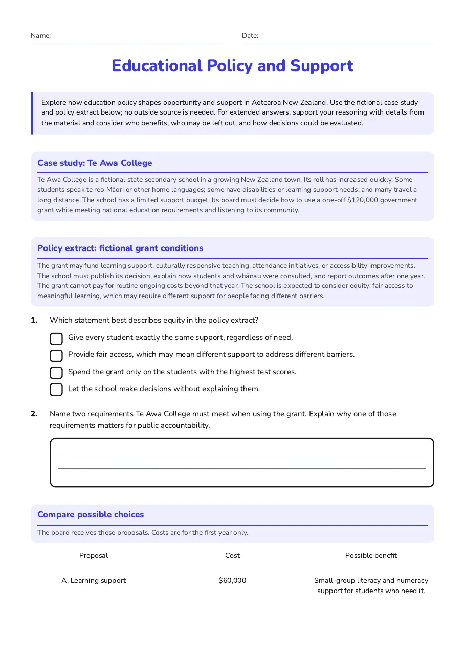 Educational Policy and Support, page 1 of 2: Case study: Te Awa College, Policy extract: fictional grant conditions, Compare possible choices