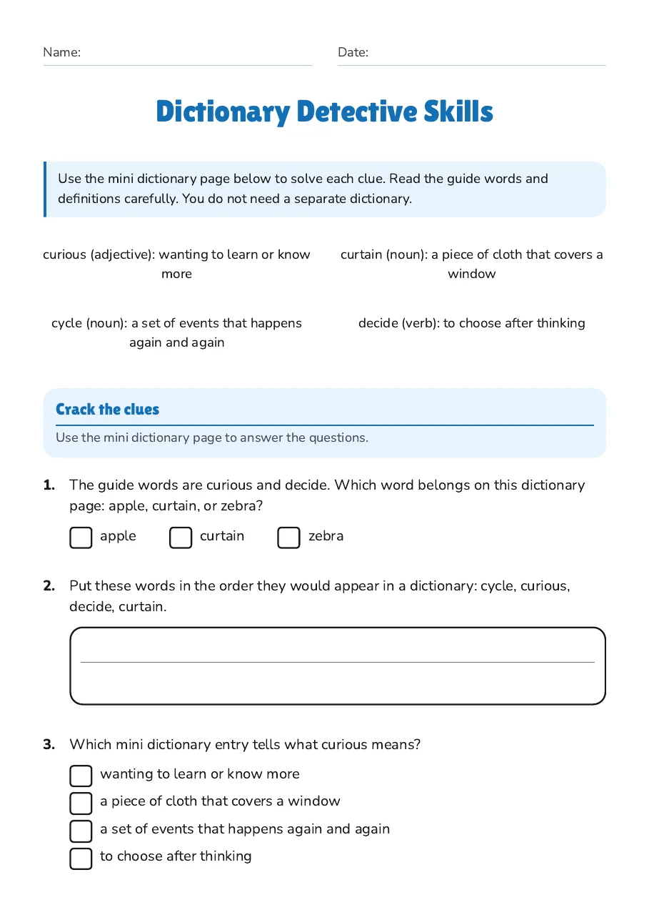 Dictionary Detective Skills, page 1 of 2: Crack the clues