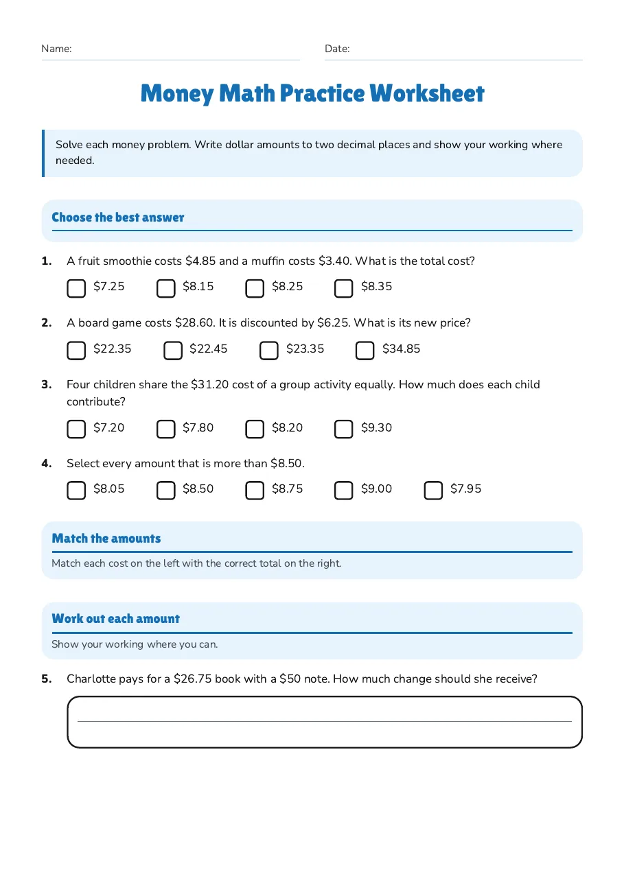 Money Math Practice Worksheet, page 1 of 2: Choose the best answer, Match the amounts, Work out each amount
