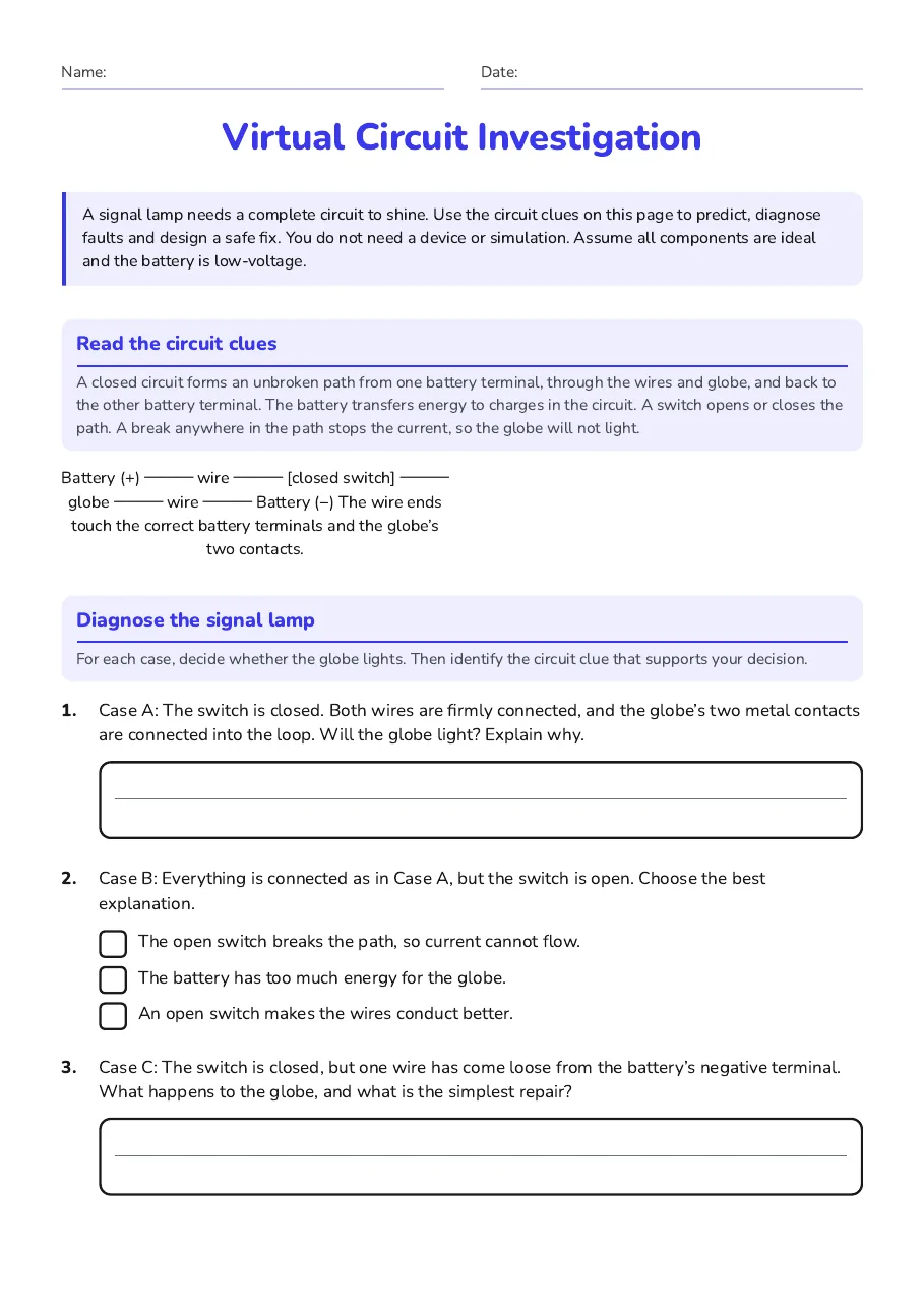 Virtual Circuit Investigation, page 1 of 2: Read the circuit clues, Diagnose the signal lamp