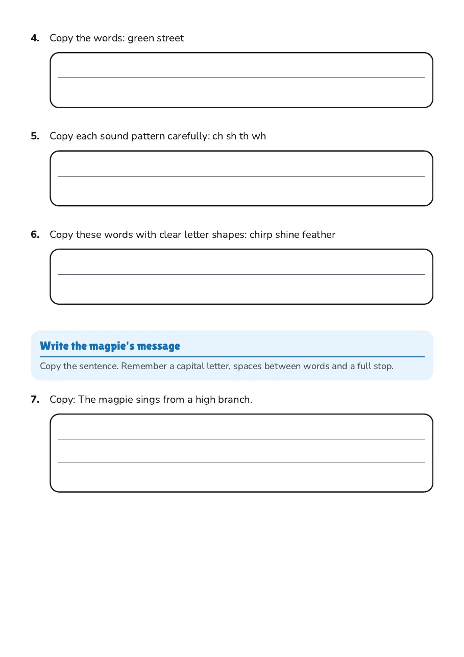 Magpies Handwriting Practice, page 2 of 3: Write the magpie's message