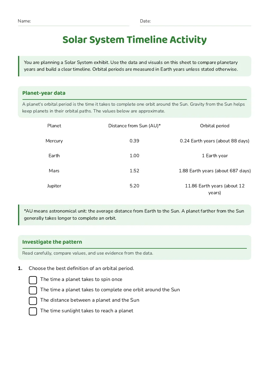 Solar System Timeline Activity, page 1 of 3: Planet-year data, Investigate the pattern