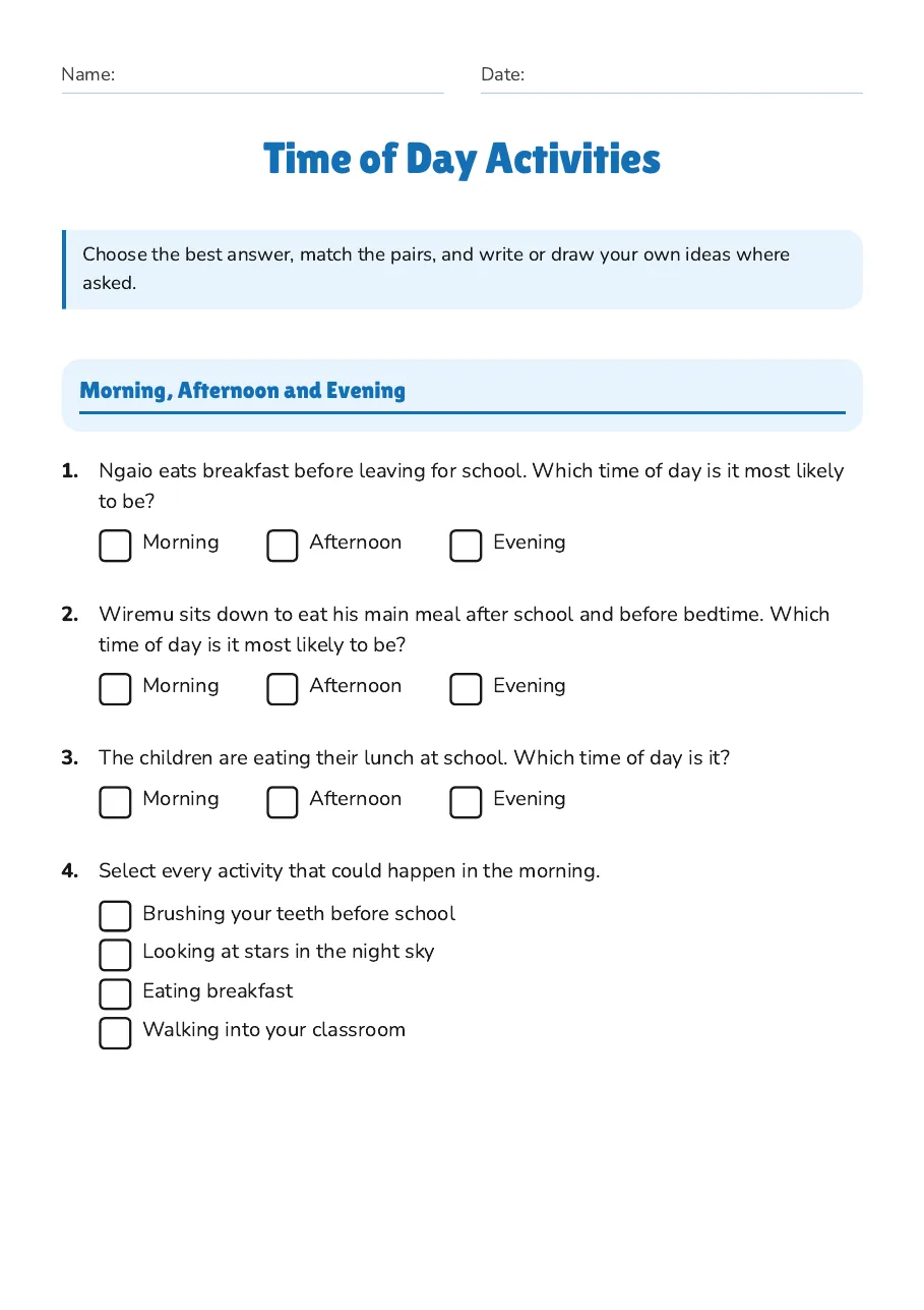 Time of Day Activities, page 1 of 3: Morning, Afternoon and Evening