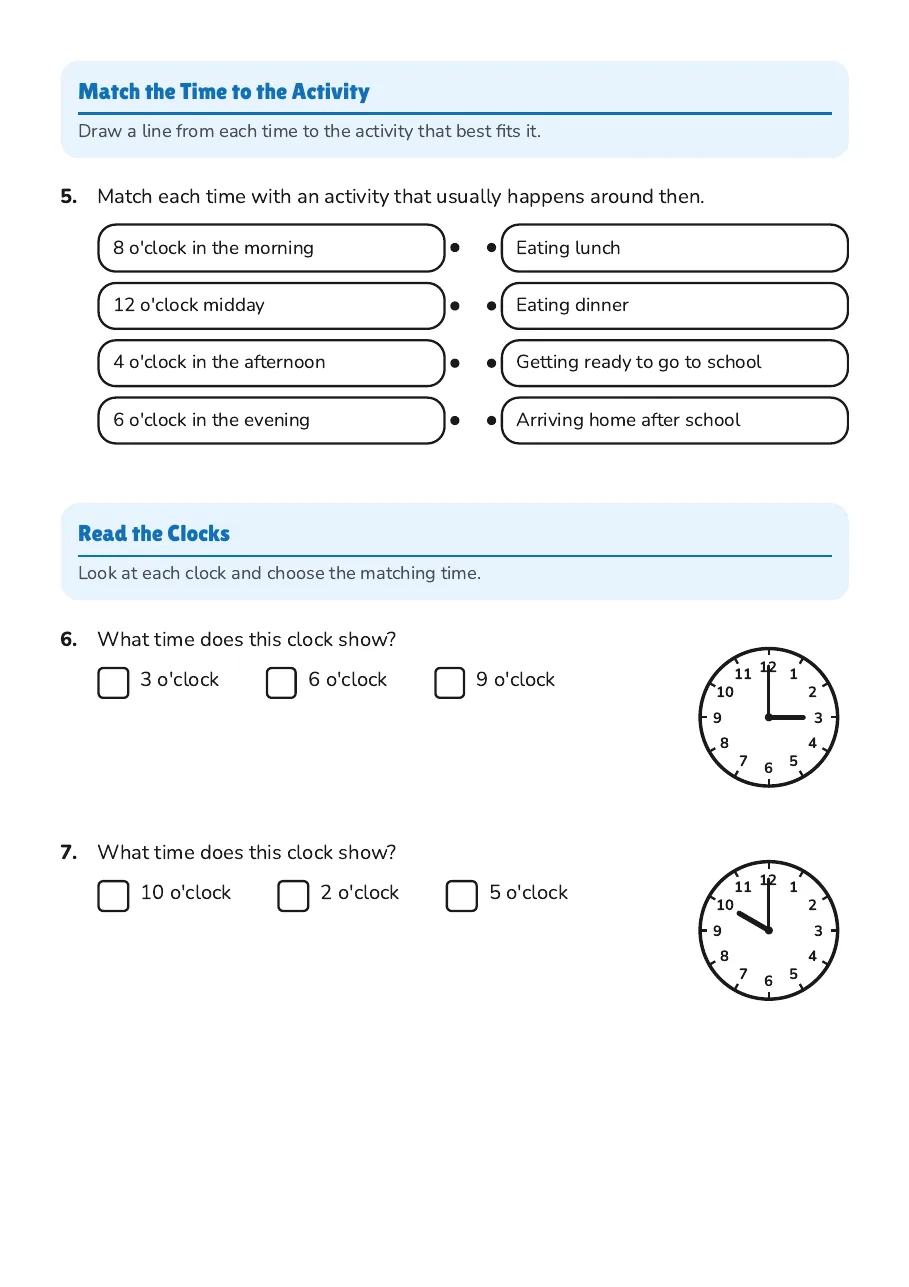 Time of Day Activities, page 2 of 3: Match the Time to the Activity, Read the Clocks