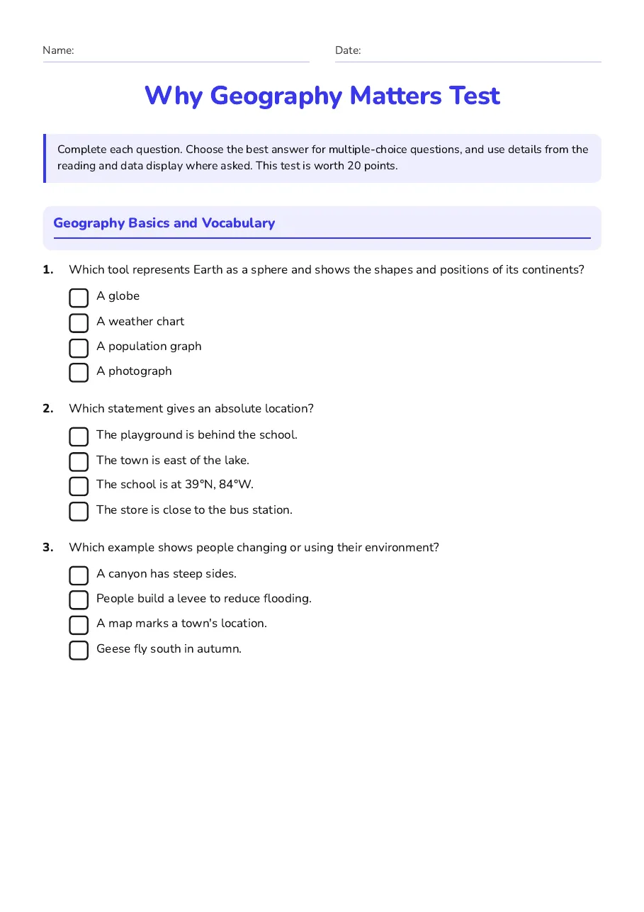 Why Geography Matters Test, page 1 of 3: Geography Basics and Vocabulary
