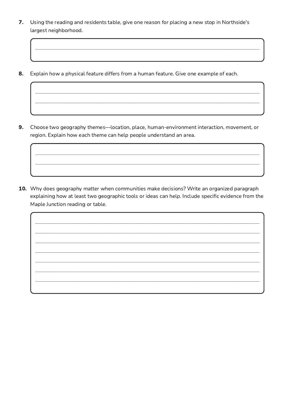 Why Geography Matters Test, page 3 of 3: 7. Using the reading and residents table, give one reason for placing a new stop in…