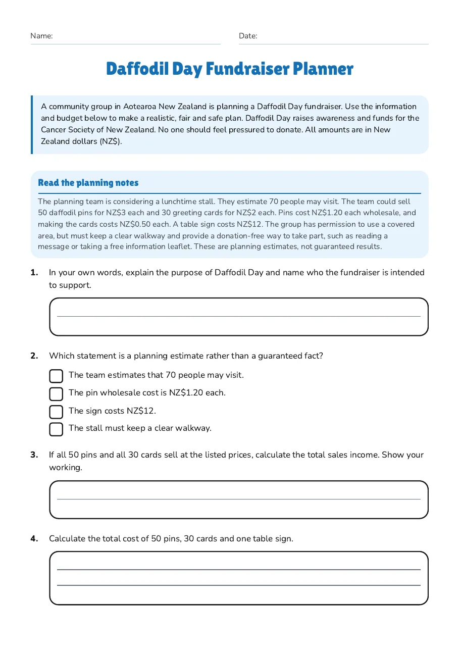 Daffodil Day Fundraiser Planner, page 1 of 3: Read the planning notes