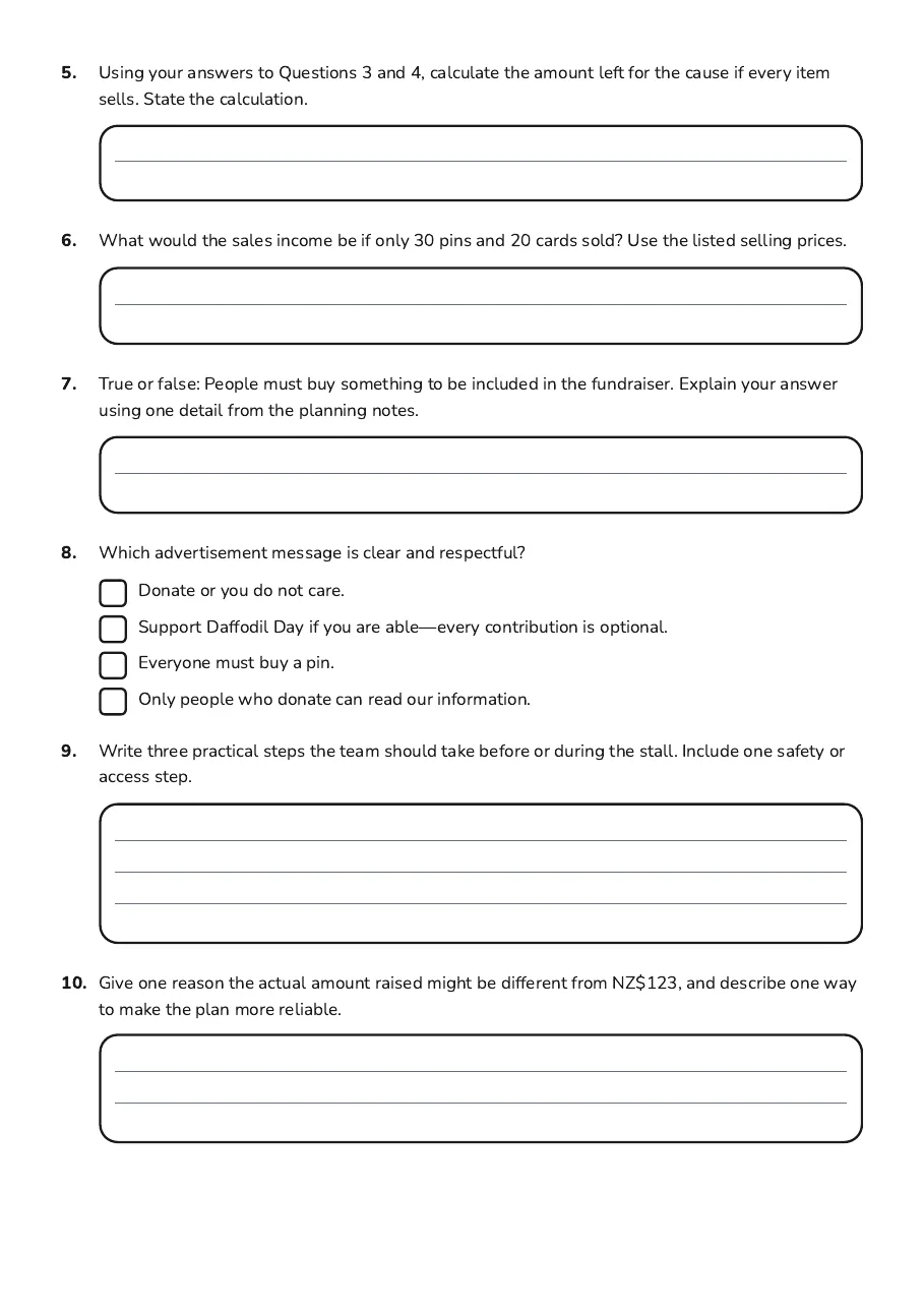 Daffodil Day Fundraiser Planner, page 2 of 3: 5. Using your answers to Questions 3 and 4, calculate the amount left for the cause if…
