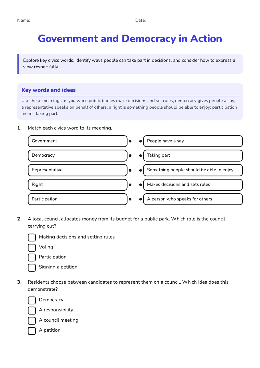 Government and Democracy in Action, page 1 of 3: Key words and ideas
