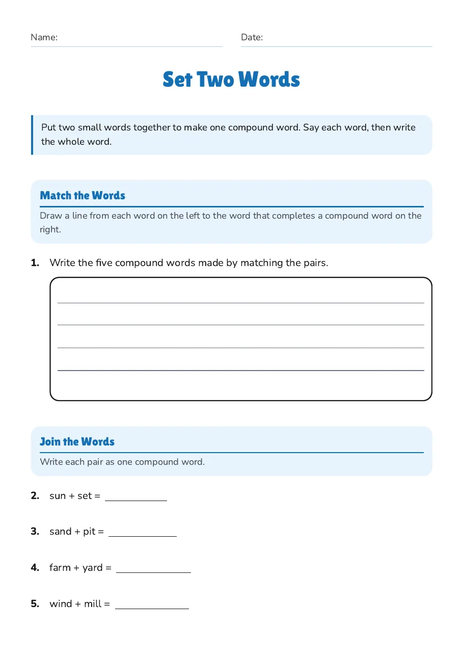 Set Two Words, page 1 of 2: Match the Words, Join the Words