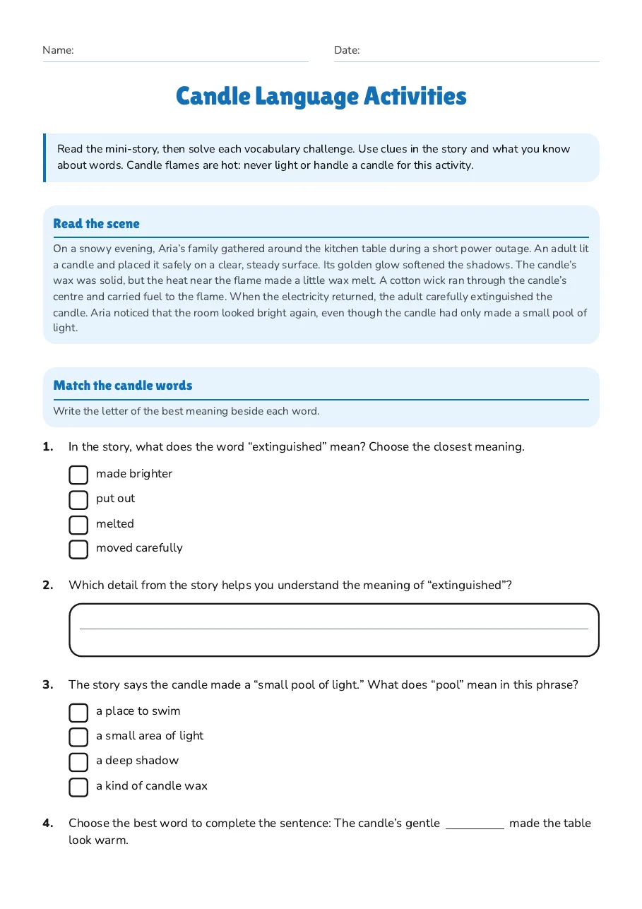 Candle Language Activities, page 1 of 2: Read the scene, Match the candle words