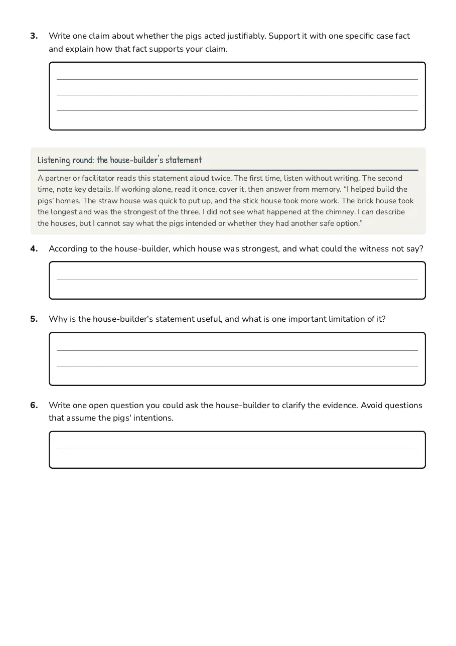 Three Little Pigs Mock Trial, page 2 of 4: Listening round: the house-builder's statement