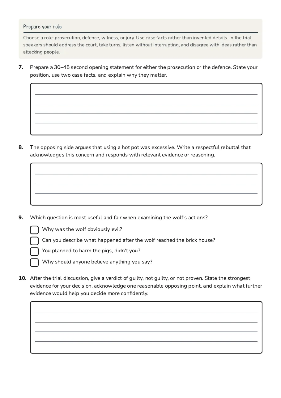 Three Little Pigs Mock Trial, page 3 of 4: Prepare your role