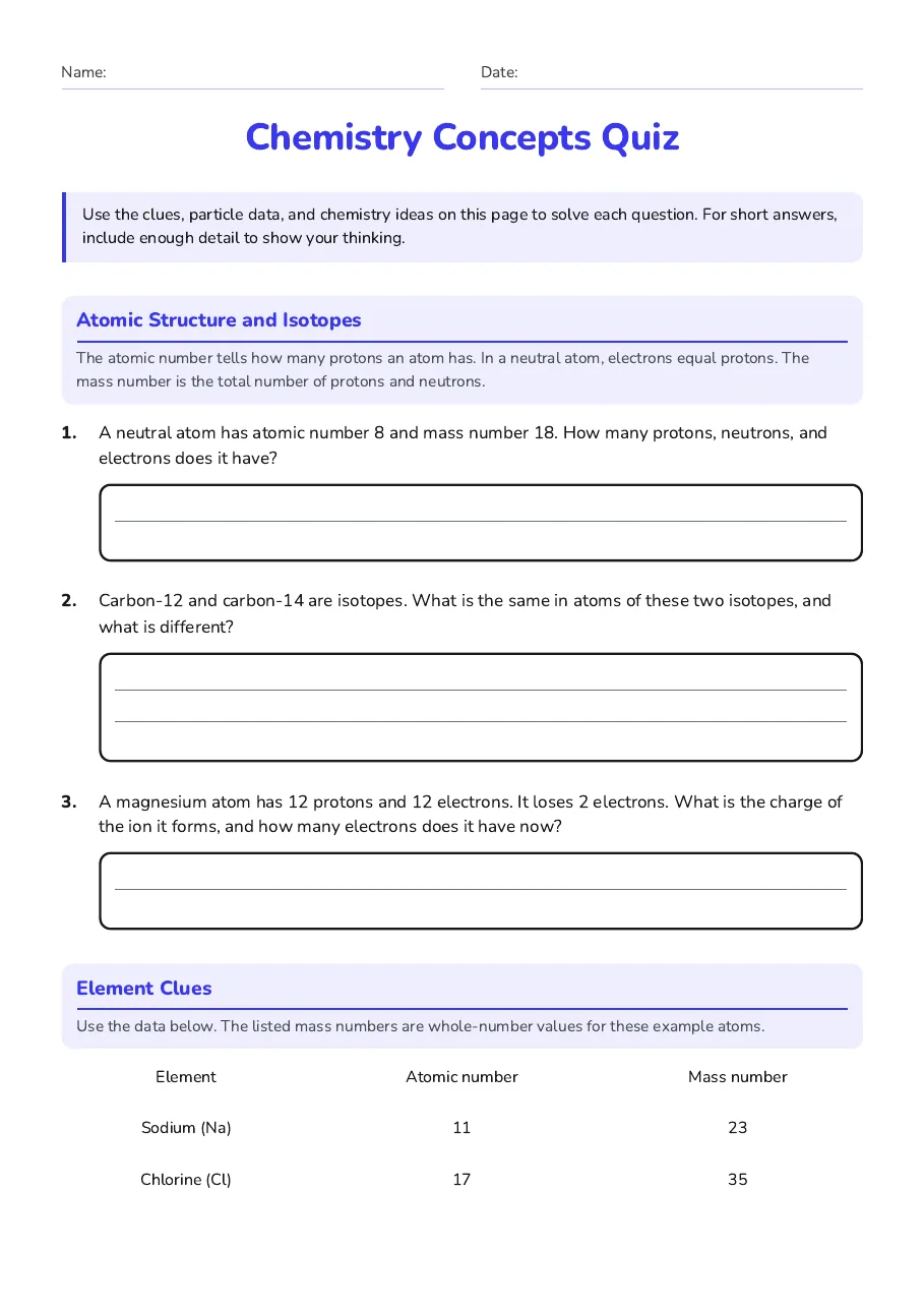 Chemistry Concepts Quiz, page 1 of 3: Atomic Structure and Isotopes, Element Clues