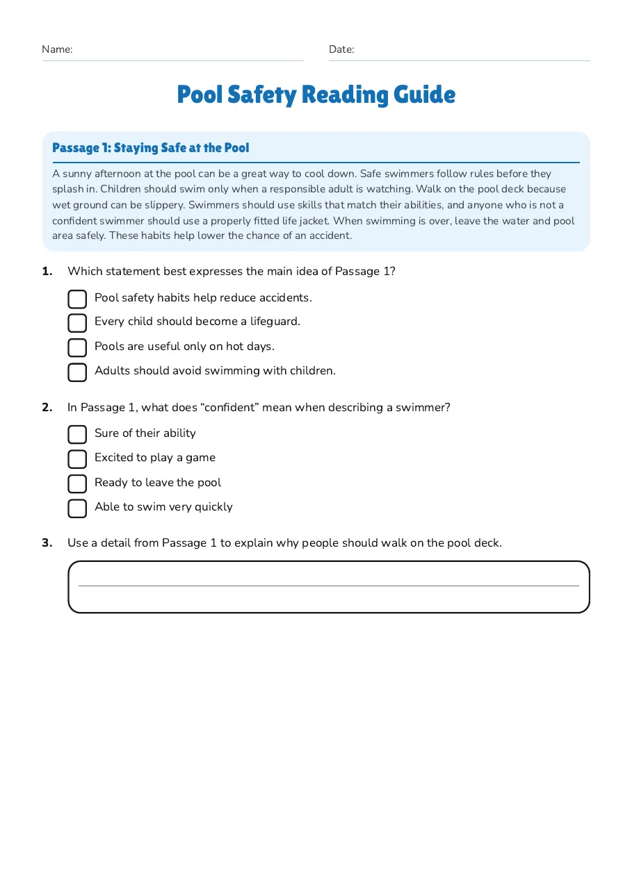 Pool Safety Reading Guide, page 1 of 3: Passage 1: Staying Safe at the Pool
