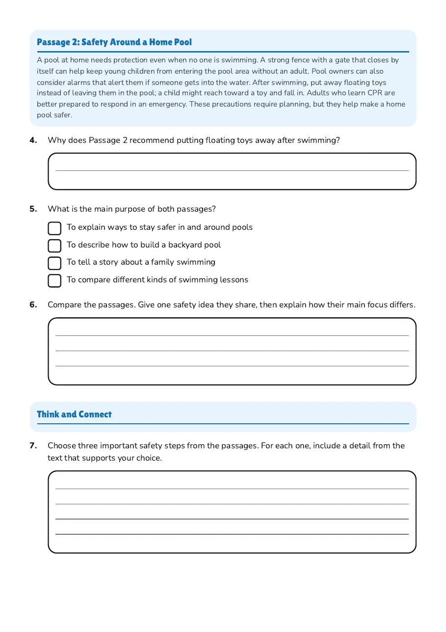 Pool Safety Reading Guide, page 2 of 3: Passage 2: Safety Around a Home Pool, Think and Connect