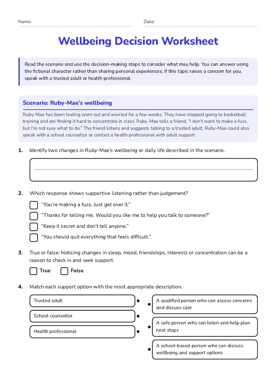 Wellbeing Decision Worksheet, page 1 of 2: Scenario: Ruby-Mae’s wellbeing