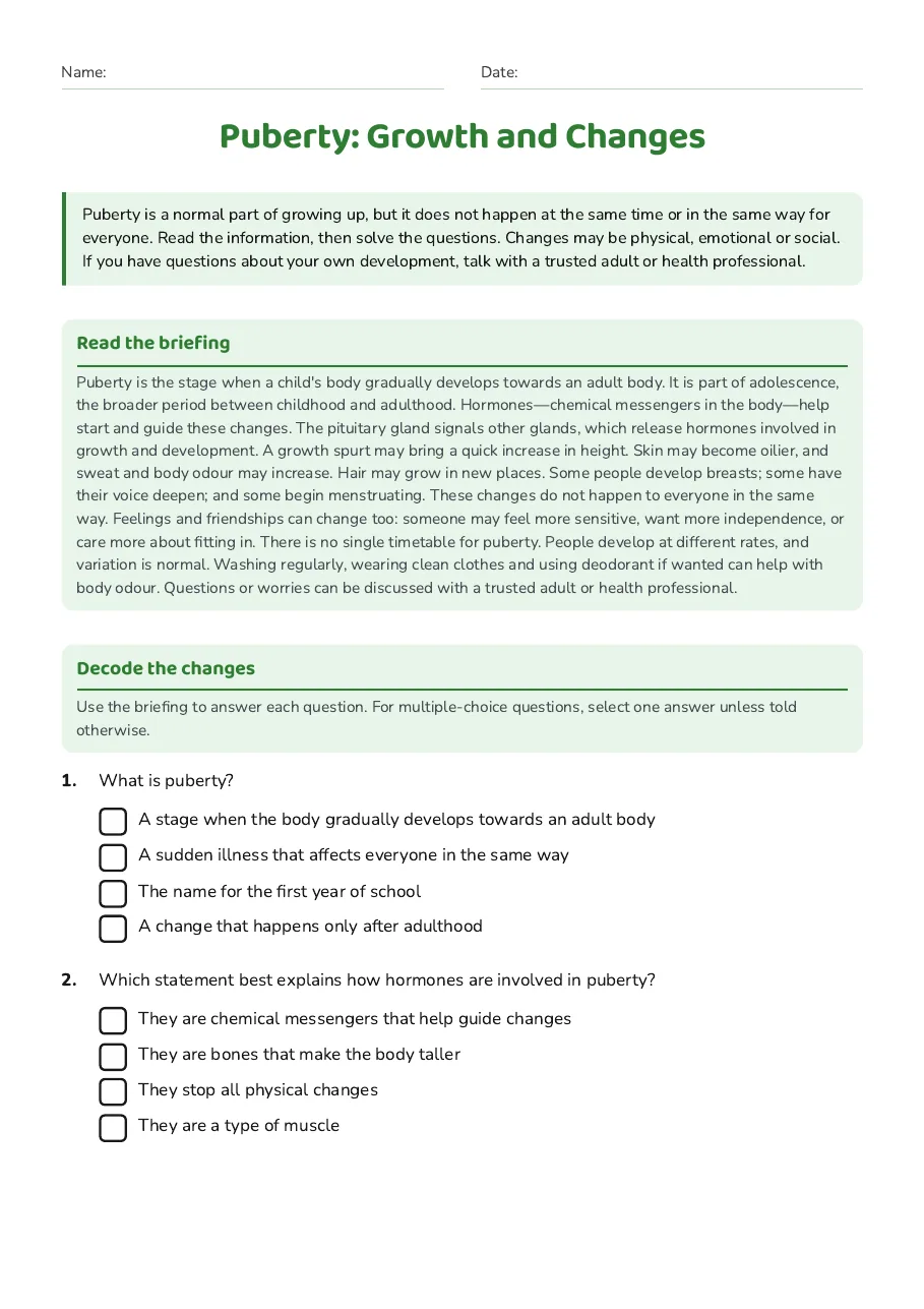 Puberty: Growth and Changes, page 1 of 3: Read the briefing, Decode the changes