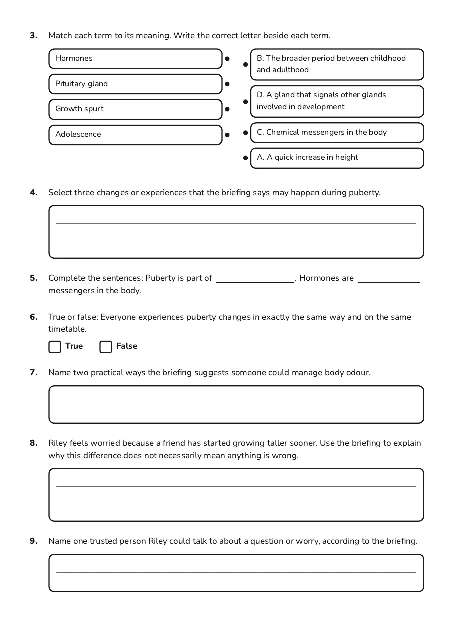 Puberty: Growth and Changes, page 2 of 3: 3. Match each term to its meaning. Write the correct letter beside each term.