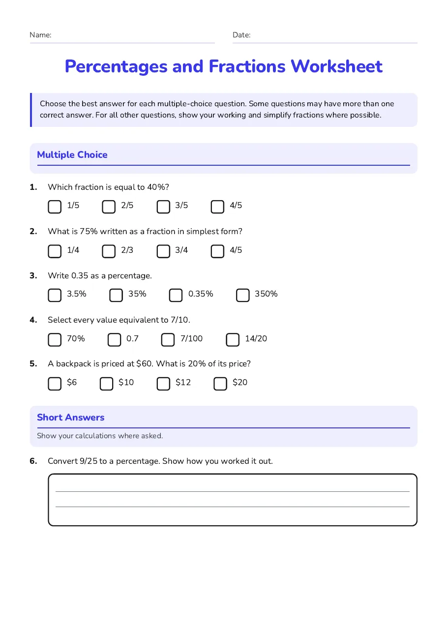 Percentages and Fractions Worksheet, page 1 of 2: Multiple Choice, Short Answers