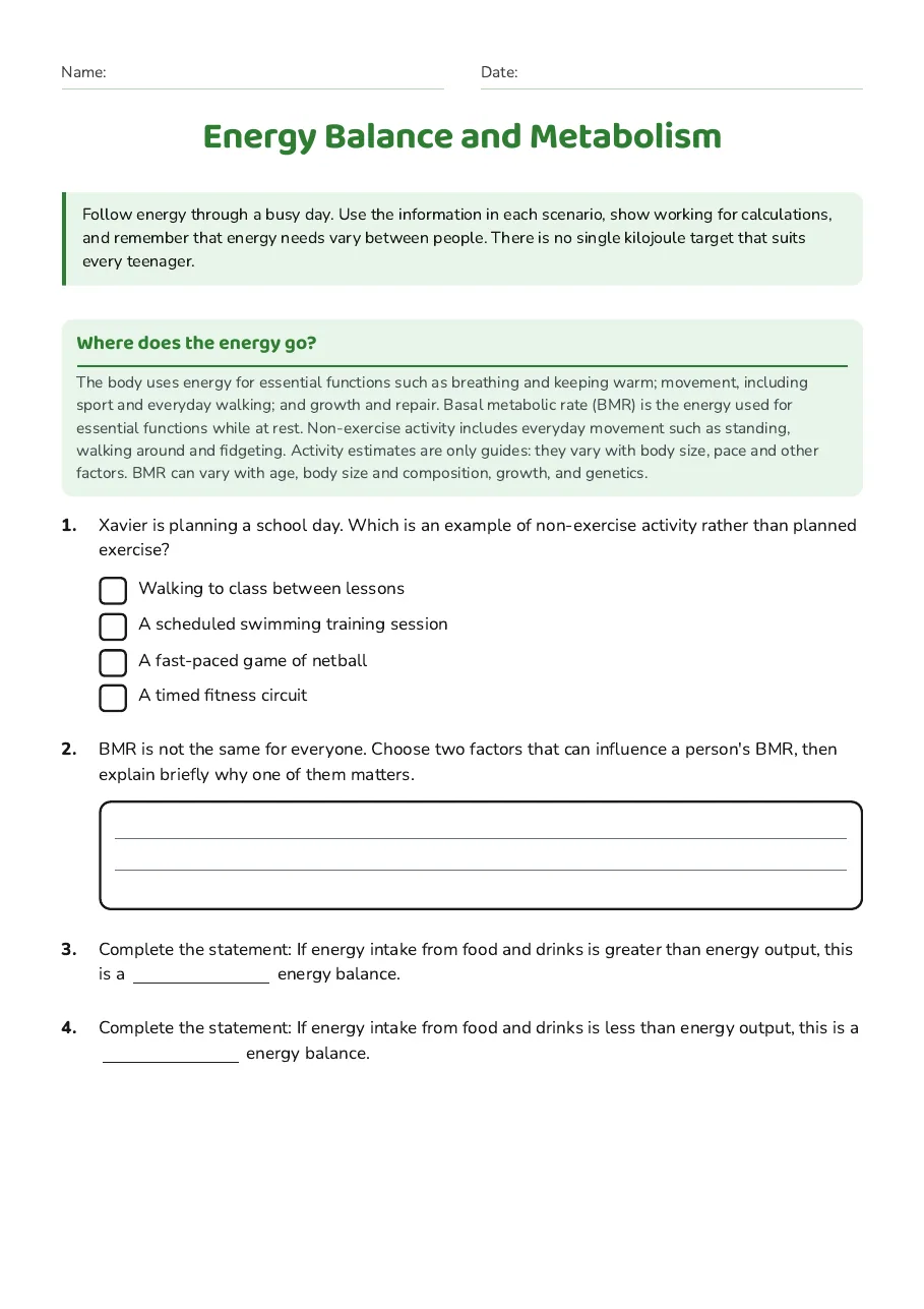 Energy Balance and Metabolism, page 1 of 3: Where does the energy go?