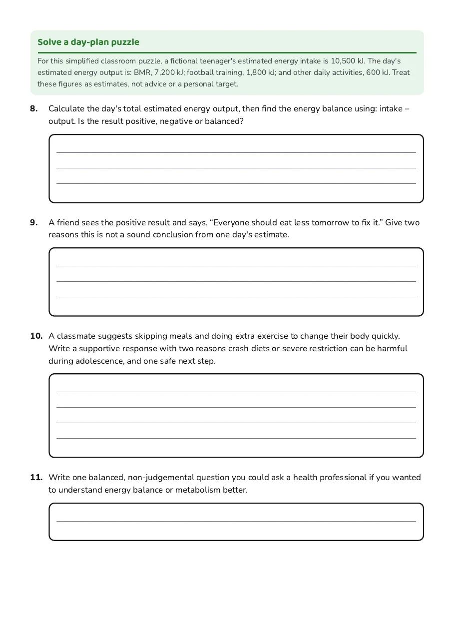 Energy Balance and Metabolism, page 3 of 3: Solve a day-plan puzzle
