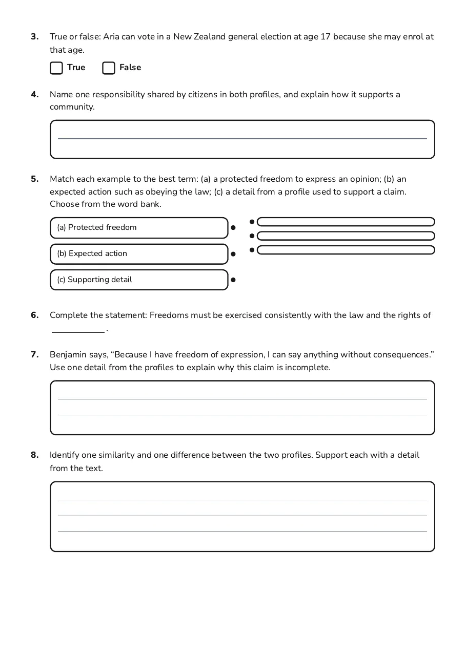 Citizenship Rights Comparison, page 2 of 3: 3. True or false: Aria can vote in a New Zealand general election at age 17 because she…
