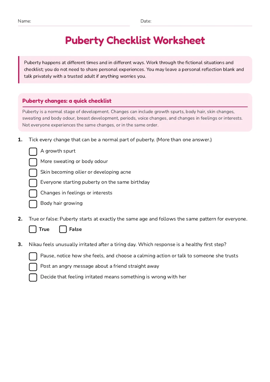 Puberty Checklist Worksheet, page 1 of 3: Puberty changes: a quick checklist