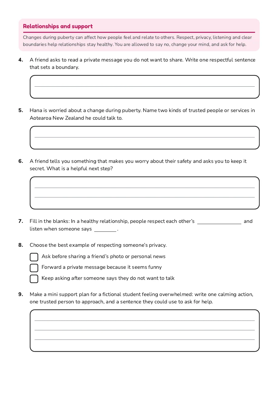 Puberty Checklist Worksheet, page 2 of 3: Relationships and support