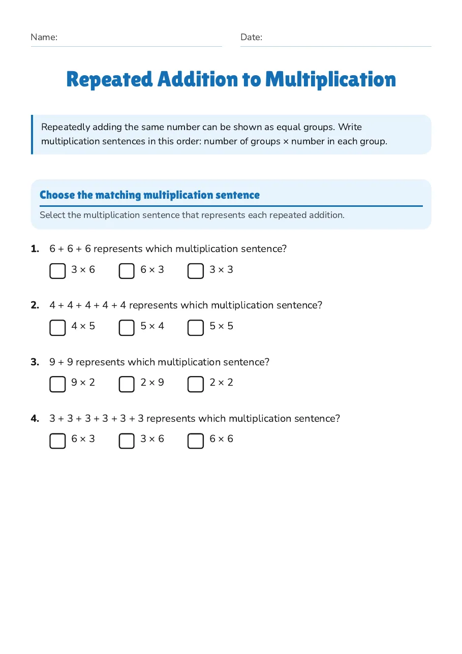 Repeated Addition to Multiplication, page 1 of 3: Choose the matching multiplication sentence
