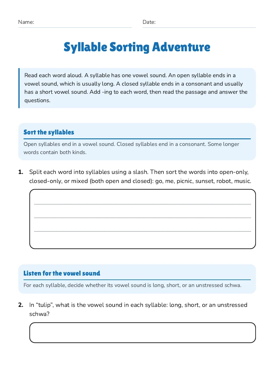 Syllable Sorting Adventure, page 1 of 3: Sort the syllables, Listen for the vowel sound, Add -ing