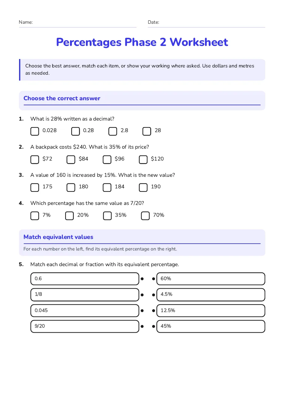 Percentages Phase 2 Worksheet, page 1 of 3: Choose the correct answer, Match equivalent values