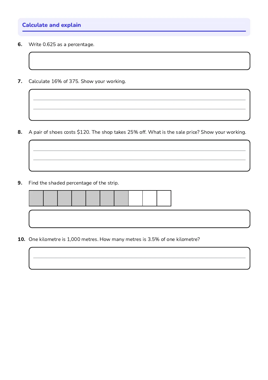 Percentages Phase 2 Worksheet, page 2 of 3: Calculate and explain
