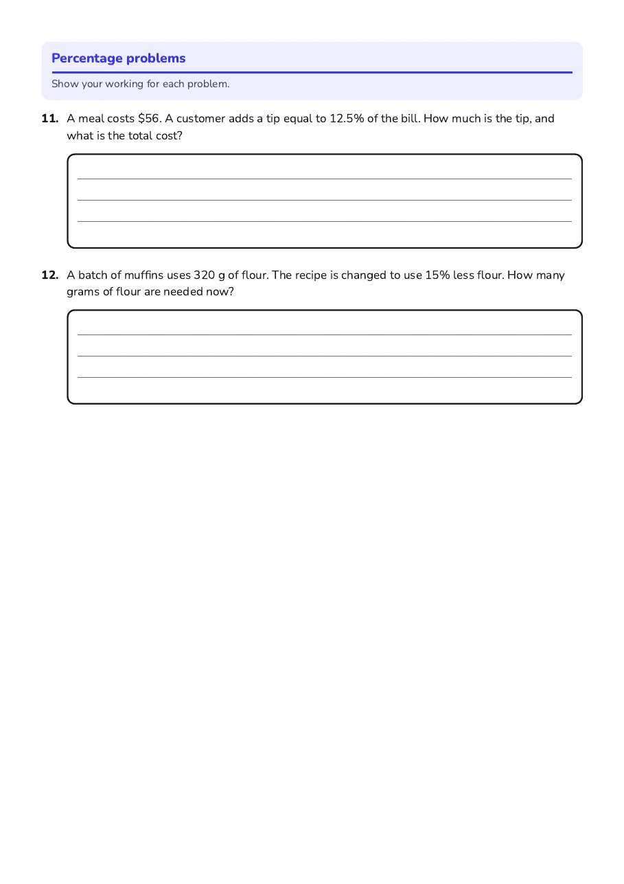 Percentages Phase 2 Worksheet, page 3 of 3: Percentage problems