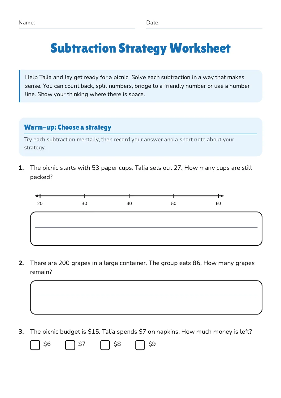 Subtraction Strategy Worksheet, page 1 of 3: Warm-up: Choose a strategy