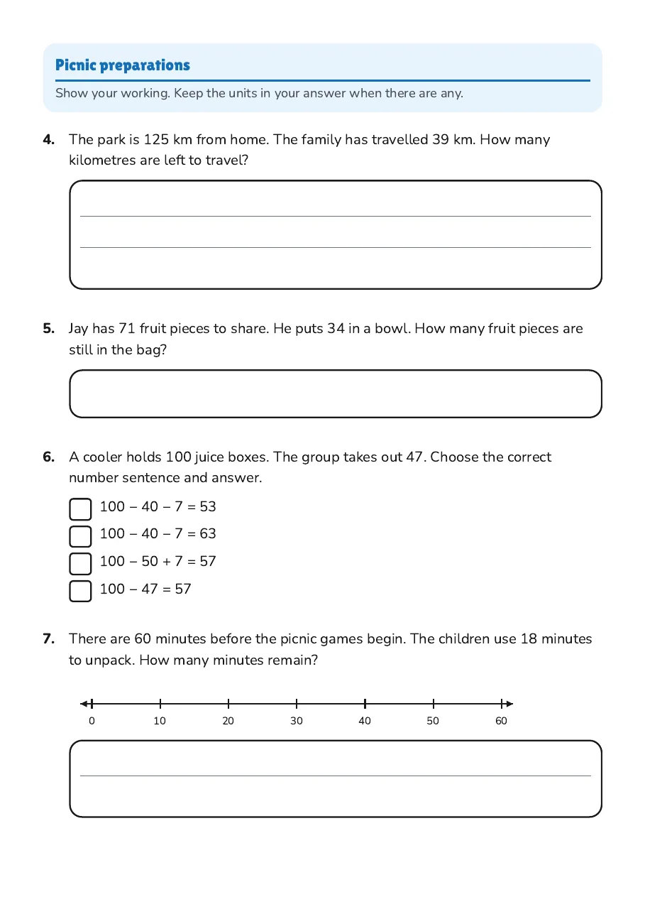Subtraction Strategy Worksheet, page 2 of 3: Picnic preparations