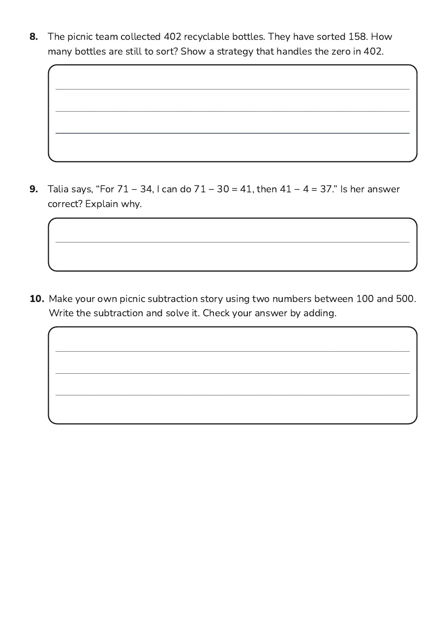 Subtraction Strategy Worksheet, page 3 of 3: 8. The picnic team collected 402 recyclable bottles. They have sorted 158. How