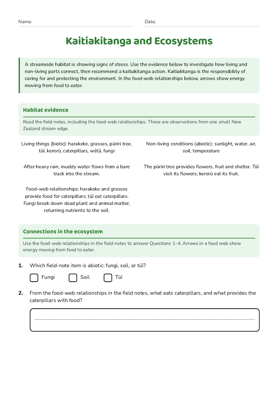 Kaitiakitanga and Ecosystems, page 1 of 3: Habitat evidence, Connections in the ecosystem
