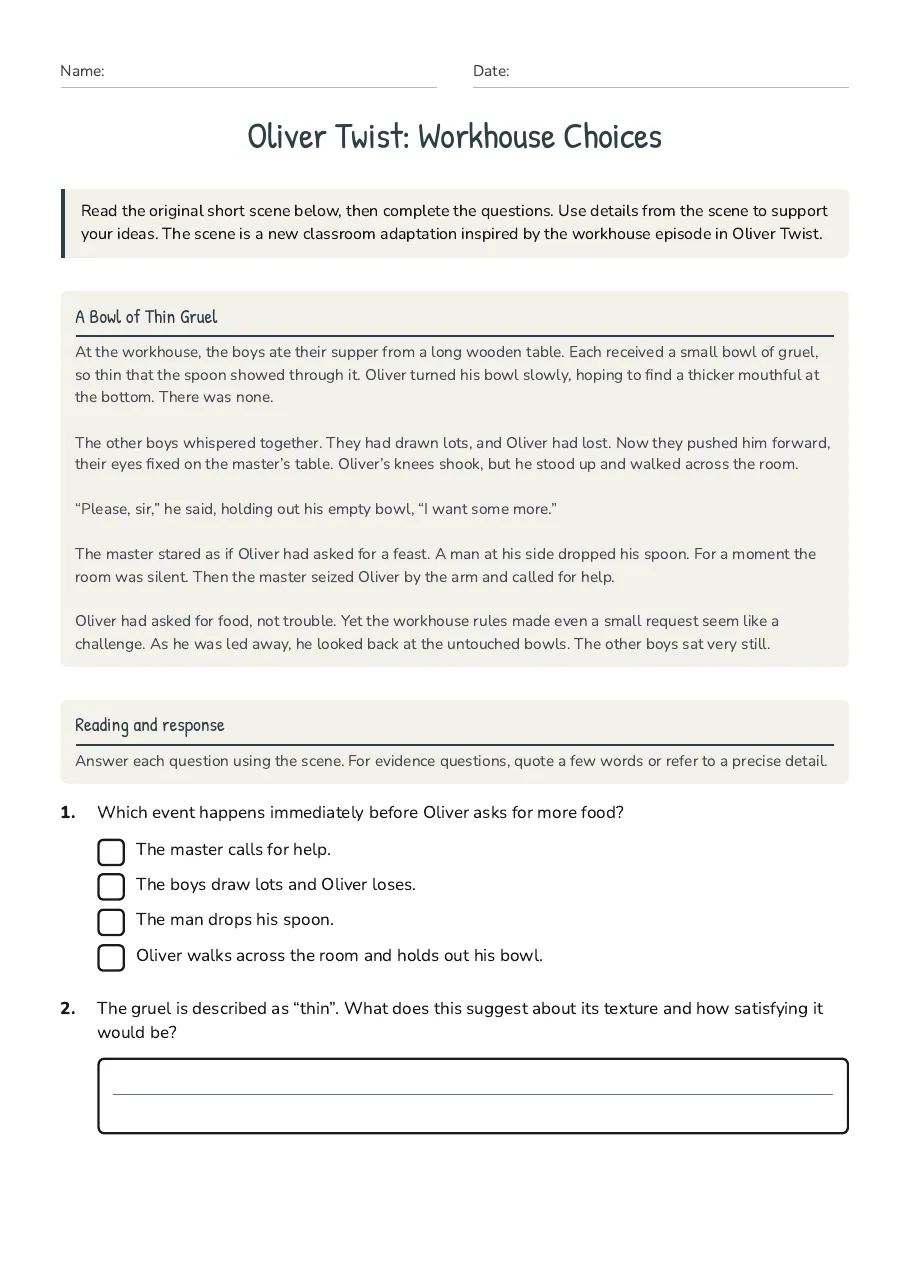 Oliver Twist: Workhouse Choices, page 1 of 3: A Bowl of Thin Gruel, Reading and response