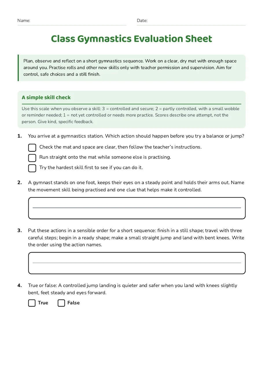 Class Gymnastics Evaluation Sheet, page 1 of 2: A simple skill check