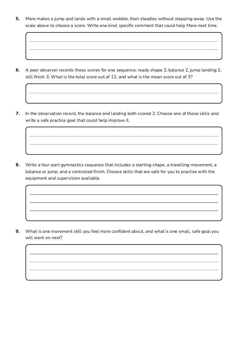 Class Gymnastics Evaluation Sheet, page 2 of 2: 5. Mere makes a jump and lands with a small wobble, then steadies without stepping away.…