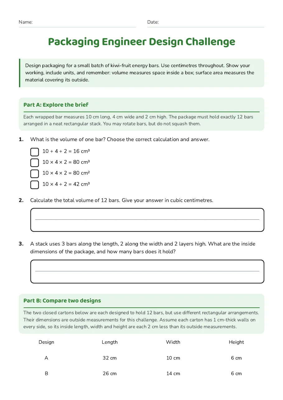 Packaging Engineer Design Challenge, page 1 of 3: Part A: Explore the brief, Part B: Compare two designs