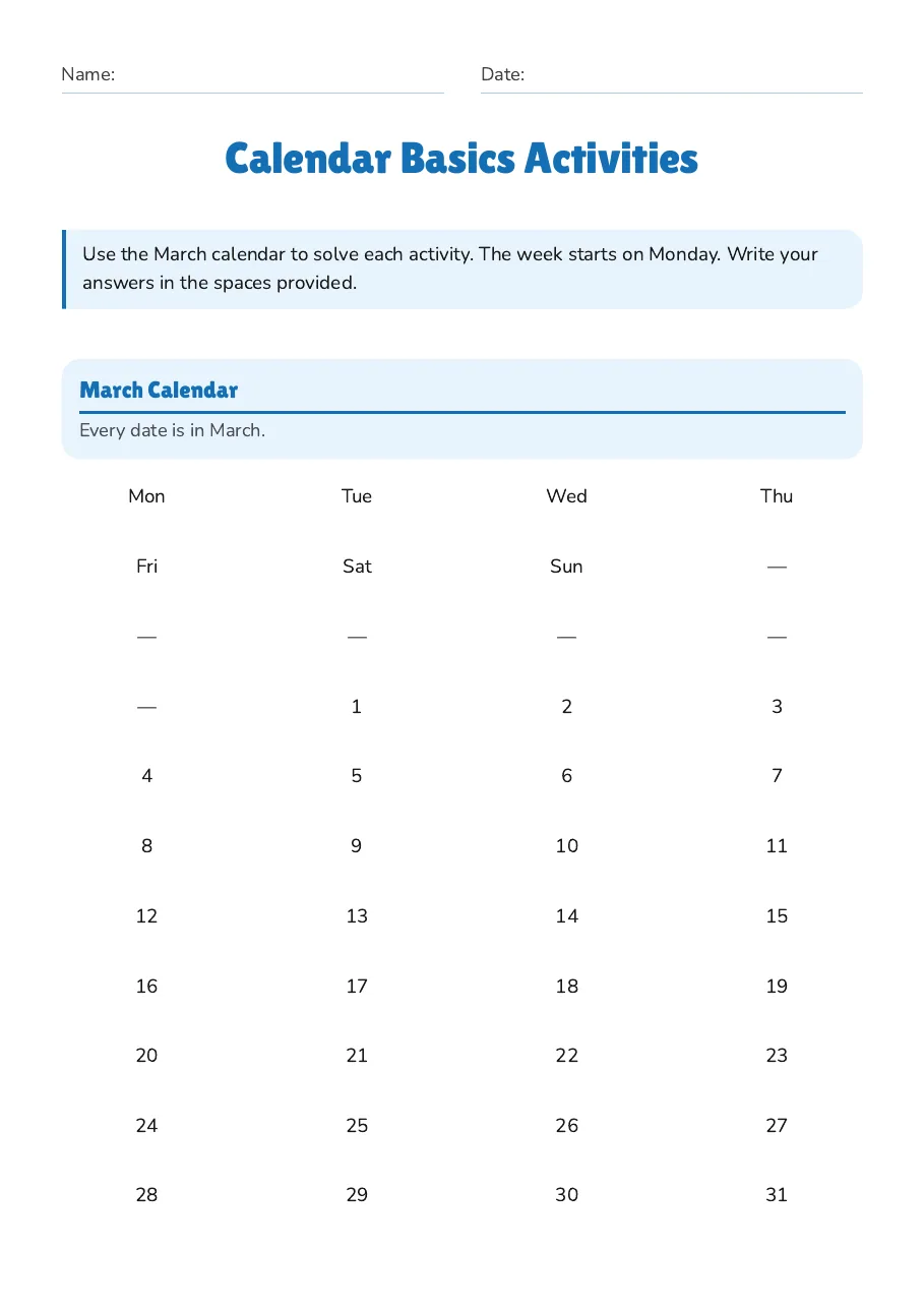 Calendar Basics Activities, page 1 of 3: March Calendar