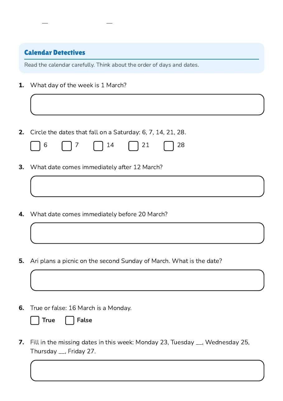 Calendar Basics Activities, page 2 of 3: Calendar Detectives