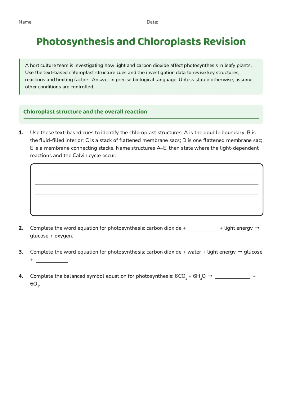 Photosynthesis and Chloroplasts Revision, page 1 of 4: Chloroplast structure and the overall reaction