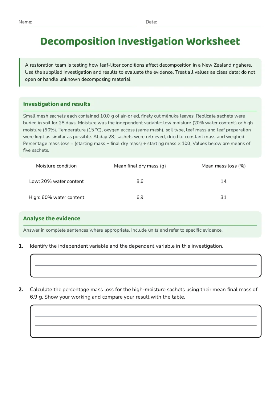 Decomposition Investigation Worksheet, page 1 of 3: Investigation and results, Analyse the evidence