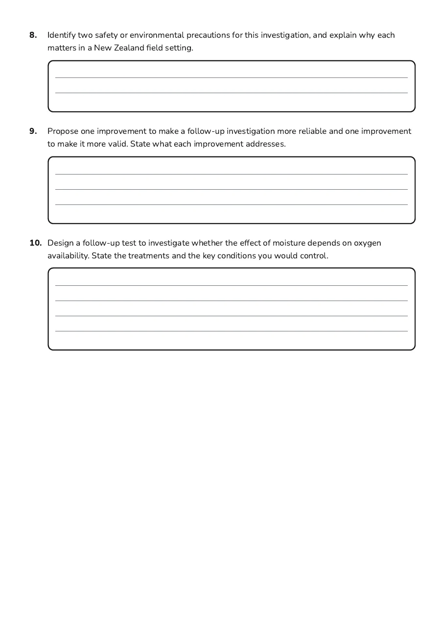 Decomposition Investigation Worksheet, page 3 of 3: 8. Identify two safety or environmental precautions for this investigation, and explain…