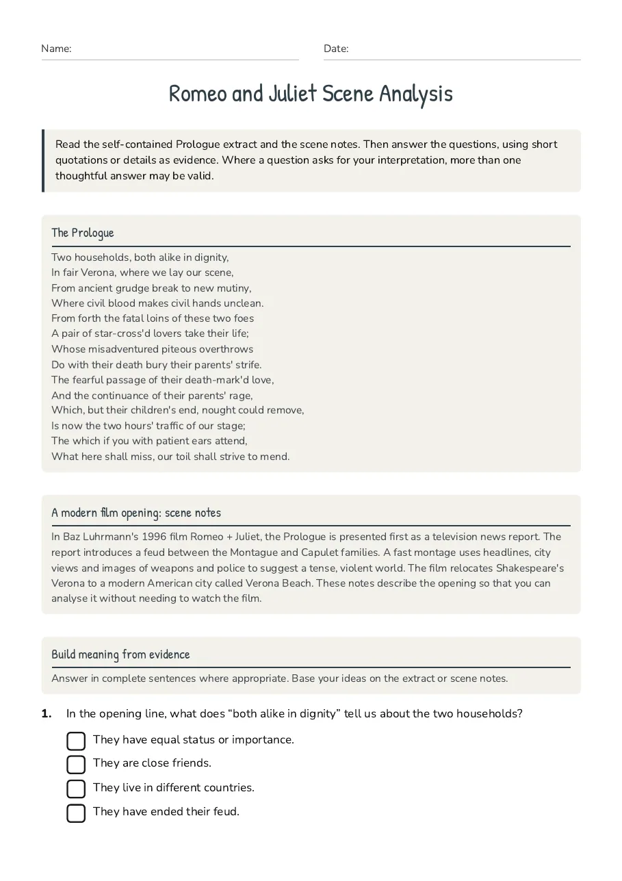 Romeo and Juliet Scene Analysis, page 1 of 3: The Prologue, A modern film opening: scene notes, Build meaning from evidence