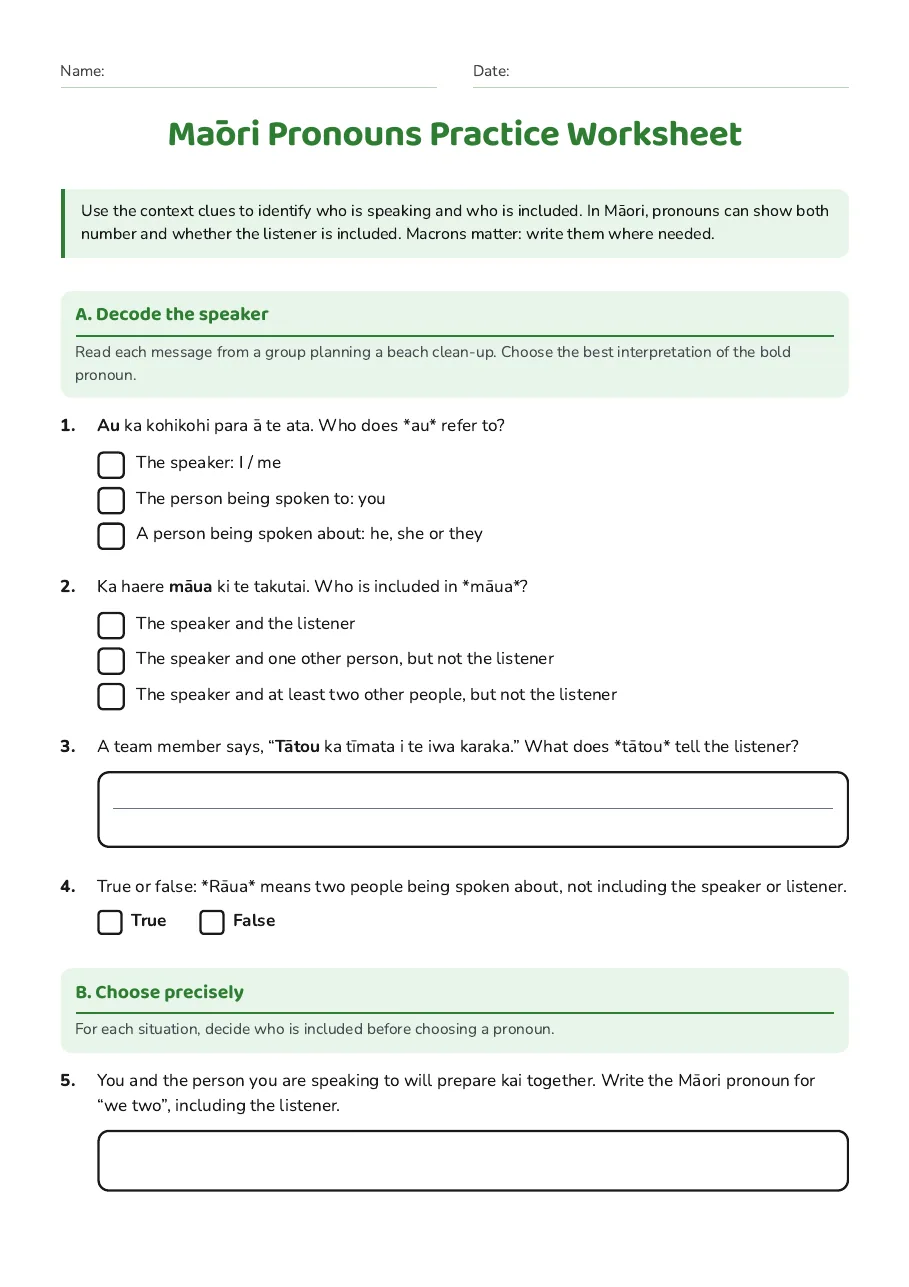 Māori Pronouns Practice Worksheet, page 1 of 2: A. Decode the speaker, B. Choose precisely