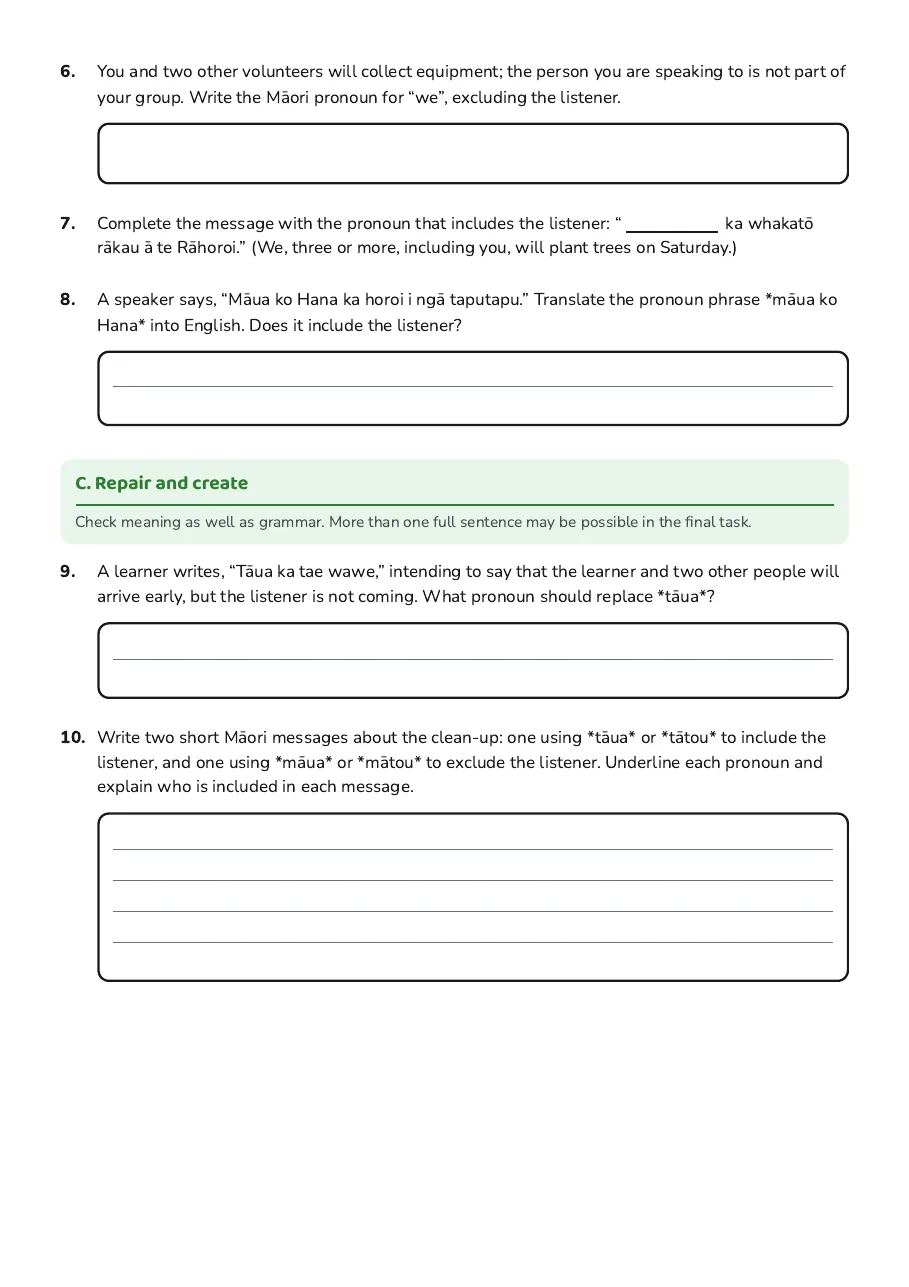 Māori Pronouns Practice Worksheet, page 2 of 2: C. Repair and create